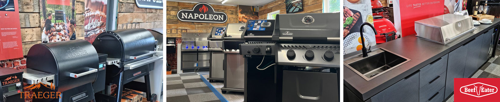Barbecues and an outdoor kitchen on display at The BBQ Centre showroom.